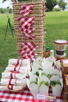 a picnic table is set up with food and drinks for guests to enjoy in the park