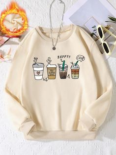 Albaricoque Casual Collar manga larga Poliéster Dibujos animados,Letras Pullovers Embellished No-Elástico Plus Size Sweatshirts, Stylish Hoodies, Cute Dress Outfits, Cute Preppy Outfits, Easy Trendy Outfits, Round Neck Sweatshirts, Casual Stylish, Really Cute Outfits