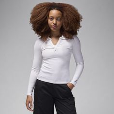 Soft, stretchy and oh-so comfortable. Made for everyday wear, this ribbed long-sleeve top gives you a confident, casual look with a body-skimming fit and V-neck design. Nike Jordans Women, Jordans Women, Women Lifestyle, Long Sleeve Knit Tops, Look Casual, Casual Look, Neck Designs, Cotton Spandex, Women Long Sleeve