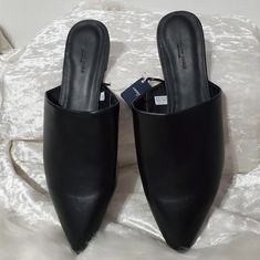 Black Mules Size 9 New With Tags Casual Black Low Heel Mules, Black Synthetic Mules For Office, Black Mules For Workwear In Spring, Black Mules For Spring Workwear, Black Medium Width Mules For Work, Black Flat Heel Mules For Fall, Black Pointed Toe Mules For Fall, Casual Black Mules For Office, Casual Black Office Mules