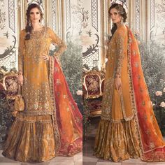 Find Your Perfect Wedding and Party Attire Orange Maria B Bridal Mehndi Gharara Shirt | Pakistani Designer Reception Walima Dress | Guest Partywear |Indian Wedding Dress Eid Gift Style your Special days like Reception, Nikkah, Walima, Engagement or Party with this beautiful and elegant luxury dress like Lehenga Choli, Maxi, Pashwas, Gown style shirt Trouser or Dupatta Salwar kameez Latest top Quality Maria B. Wedding Collection (Luxury Replica) Fabric Destails Luxury Hand Embellishment & Embroid Mehndi Gharara, Walima Outfit, Maria B Bridal, Pakistani Mehndi Dress, Mehndi Outfit, Embroidery Clothes, Mehndi Dresses, Mehndi Dress, Suit Salwar