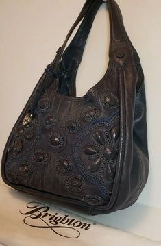 Vintage Embossed Satchel Bag, Goth Purse Handbags, Vintage Black Embellished Bags, Blue Vintage Bag With Gold-tone Hardware, Vintage Brighton Handbags, Brighton Bags, Leather Hobo Handbags, Hobo Handbags, Leather Hobo