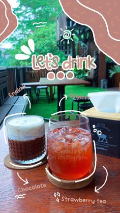 two drinks sitting on top of a wooden table