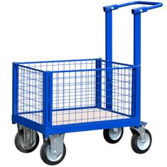 a blue hand truck with two wheels