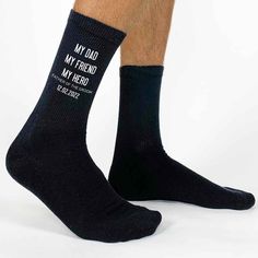 If he is your dad, your friend and your hero, these socks are the perfect gift for a?áday that he'll never forget.?áOur custom printed socks?ápersonalized with the wedding date makes a great wedding attire accessory and thoughtful gift for the Father of the Groom. Enter the date to be printed on the socks in the box below. This flat knit dress sock is available in 3 sizes. Large fits a standard sock size 10-13, men's US shoe size 9-12. X-Large fits shoe size 13-15 and Medium (Junior) fits shoe s Groom Socks, Navy Socks, Mrs Always Right, Black And White Socks, Father Of The Groom, Couple Wedding Shower, Sock Lovers, Wedding Socks, Cotton Anniversary Gifts