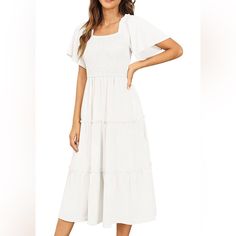 Flutter Sleeve Dress With Square Neck Ruffle Tiered Midi Length. Scoop Neck. 100% Polyester. Nwot. Casual Midi Dress With Smocked Bodice And Flutter Sleeves, Solid Dresses With Smocked Back And Flutter Sleeves, White Flutter Sleeve Dress With Smocked Bodice, Midi Dress With Ruffle Sleeves For Brunch, White Dress With Smocked Bodice And Flutter Sleeves, Tiered Midi Dress With Smocked Bodice, Daywear Flutter Sleeve Midi Dress With Smocked Bodice, Smocked Bodice Midi Dress With Ruffle Sleeves For Brunch, Ruffle Sleeve Midi Dress With Smocked Bodice For Brunch