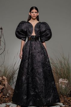 Plunging neckline belted brocade dress - HerTrove Brocade Dress, Brocade Dresses, Glamour Dress, Design Reference, Modern Fashion, Photoshoot Ideas, Plunging Neckline, Made In, Long Dress