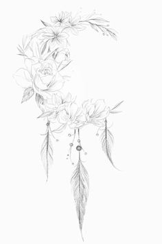 a drawing of a crescent with flowers and feathers hanging from it's sides on a white background