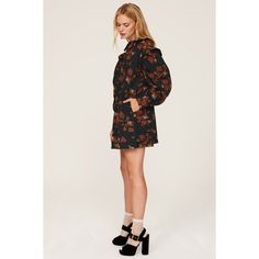 Black floral crepe (100% Cotton, Embroidery: 100% Polyester). Shift. Long sleeves. Collar. Back button closure. 33" from shoulder to hemline. Imported. Chic Floral Print Mini Dress For Fall, Knee-length Mini Dress For Garden Party In Fall, Fall Garden Party Knee-length Mini Dress, Chic Floral Dress For Fall Date Night, Chic Floral Dress For Date Night In Fall, Fall Floral Mini Dress With Ruffles, Floral Print Mini Dress For Work, Long Sleeve Floral Print Mini Dress For Work, Chic Floral Dress For Garden Party In Fall