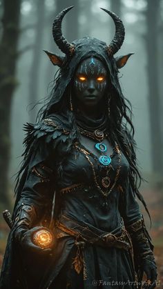 a woman dressed in black with horns and glowing eyes is standing in the middle of a forest