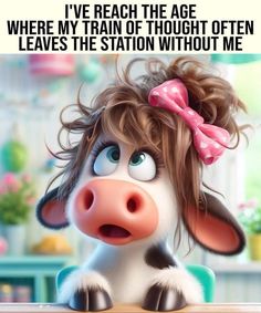 a cartoon cow with a pink bow on its head and text that reads, i've reach the age where my train of thought often leaves the station without me