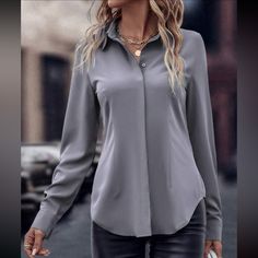 Color:Grey Style:Casual Pattern Type:Plain Type:Shirt Sleeve Length:Long Sleeve Neckline:Collar Details:Button Front Sleeve Type:Regular Sleeve Hem Shaped:Asymmetrical Length:Regular Fit Type:Regular Fit Fabric:Non-Stretch Material:Woven Fabric Composition:100% Polyester Elegant Gray Tops For Business Casual, Trendy Gray Collared Tops, Gray Fall Shirt With Button Closure, Gray Shirt With Button Closure For Fall, Gray Shirt For Workwear In Fall, Gray Buttoned Shirt For Work, Gray Collared Blouse For Work, Gray Tops With Button Closure For Business Casual, Chic Gray Tops With Buttons