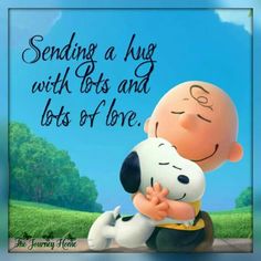 a cartoon character hugging a dog with the caption sending a hug with bots and lots of love