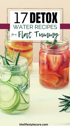 three jars filled with different types of water and vegetables, one has strawberries in it