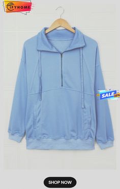 Cotton Pocketed Half Zip Pullover Sky Blue Sweatshirt Blue Sweatshirt, Half Zip Pullover, Half Zip, Sky Blue, Blue Sky, On Sale, Sweatshirts, Free Shipping, Blue