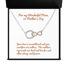 "PLEASE ORDER BY DECEMBER 13TH TO ENSURE DELIVERY BY CHRISTMAS.  THANK YOU SO MUCH! Show your eternal love with the Infinite Bond Necklace. A unique pendant created by combining the 18K Rose Gold plated infinity pendant and crystal heart, this piece is sure to be meaningful gift. Perfect for saying thank you to a spouse, lover or best friend, it symbolizes an unbreakable bond. Features - 18\"-24\" adjustable cable chain necklace - Lobster clasp attachment - Tarnish resistant, enduring shine - Decorated with a charming message card - Beautifully encased in an elegant box - 18K Rose Gold plated pendant with high quality stainless steel chain Care Instructions - Using a dry and clean cloth, wipe off any dust or dirt. Don't store your item in a humid environment" Infinity Jewelry For Valentine's Day Gift For Mom, Valentine's Day Infinity Jewelry Gift For Mom, Meaningful Infinity Jewelry Gift, Adjustable Infinity Jewelry Gift For Mom, Meaningful Infinity Jewelry For Anniversary, Adjustable Infinity Jewelry As Gift For Mom, Adjustable Necklaces For Anniversary And Mother's Day, Mother's Day Adjustable Chain Jewelry For Anniversary Gift, Mother's Day Jewelry With Adjustable Chain For Anniversary