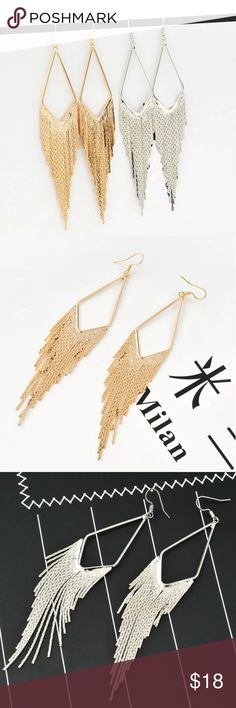 Tassels Long Drop Earrings Material : Alloy Length : 15 cm (about 6 inches) Color : Silver,  Gold  Tassels Long Drop Earrings Jewelry Earrings Long Drop Earrings, Earrings Jewelry, Gold Material, Crochet Bikini, 6 Inches, Silver Gold, Tassels, Jewelry Earrings, Women Jewelry