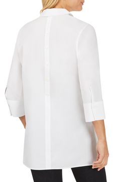 A back button placket enlivens this stretch-poplin tunic styled with abbreviated sleeves and airy side vents. Style Name:Foxcroft Pamela Stretch Button-Up Tunic. Style Number: 6058073. Elegant Tops With Roll-up Sleeves For Daywear, Button-up Tunic For Workwear, Button-up Tunic For Work, Modern Blouse With Buttons For Daywear, Modern Blouse With Buttons, Elegant Tunic With Buttons, Elegant Fitted Tunic For Workwear, Tunic Style, Tunic Styles