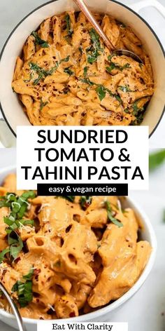 sundried tomato and tahini pasta in a white bowl with a serving spoon