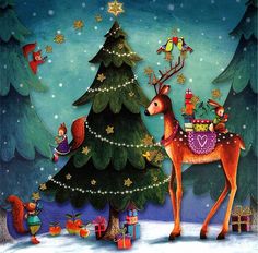 a painting of a christmas tree with deer and presents