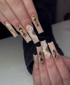 Champagne Nails, Quince Nails, Red And Gold Nails, Gold Acrylic Nails, Medium Nails