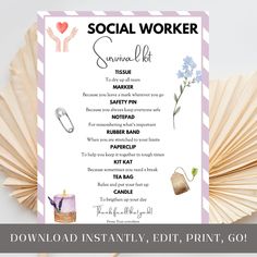 the social worker survival kit is displayed on top of a table with paper fans and other items