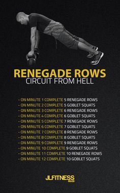 a man doing a handstand in front of a black background with the words, renegade rows circuit from hell