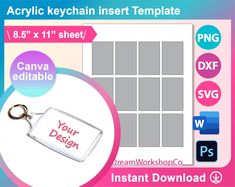 a keychain with the words, your design on it is shown in pink and blue