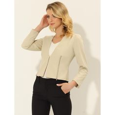 This blazer suit jacket decor with two zippers on the side, and the design of one hook-eye button closure make it easy to wear and take off. Keep your work-wear wardrobe up-to-date by adding this pretty blazer. Pair with a range of blouses and a pencil skirt or cigarette pants and show off your charming office style. Cropped Blazer Jacket, Blazer Beige, Crop Blazer, Fitted Suit, Cropped Blazer, Office Style, Work Office, Hook Eye, Office Fashion