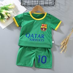 Color: Green FC Barcelona 10, Kid Size: 4T Sporty Cotton Sets For Sports Season, Cotton Sports Sets For Sports Season, Family Matching Sets With Letter Print For Play, White Cotton Sets For Sports Events, White Cotton Sports Sets, Sporty Short Sleeve Sets For Sports Events, Cotton Sports Sets With Short Sleeves, Green Sports Sets For Summer, Playful Summer Sports Sets