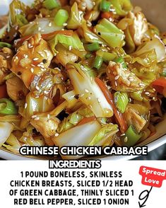 a bowl filled with chicken and vegetables on top of a white plate next to a red sign