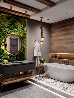 a bathroom with a bathtub, mirror and plants on the wall