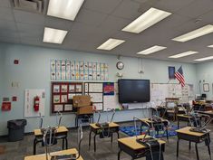 an empty classroom with desks and television in the back ground, surrounded by school supplies