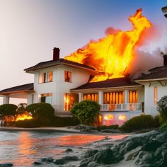 a large house on fire in front of the ocean