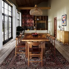 a dining room table and chairs in front of a large window