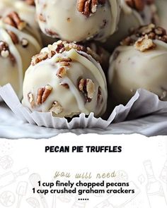 pecan pie truffles are piled on top of each other