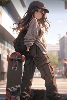 a woman holding a skateboard on the street