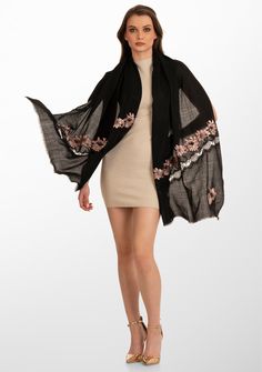 This black scarf, woven from the finest cashmere, is a distinctive and unique accessory. There are several hand crafted elements that make it unique starting with a contrasting light copper floral embroidery elevated by a black border, striking black beadwork and a tonal black filigree lace cut-out panel in a diagonal pattern. This luxurious scarf seamlessly marries comfort with chic detailing, making it a versatile piece for any occasion. Whether for casual outings or special events, the intric Black Cashmere Scarf, Gifted Hands, Light Copper, Black Scarf, Black Panels, Lace Panelled, Copper Color, Cashmere Scarf, Black Border