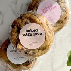 baked with love chocolate chip cookies wrapped in cellophane and packaged on top of each other