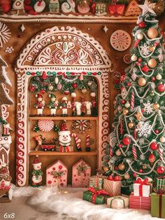 a decorated christmas tree in front of a gingerbread house with ornaments on the wall