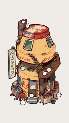 an image of a cartoon building with lots of stuff on the roof and around it