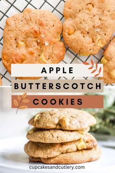 apple butterscotch cookies stacked on top of each other with the title overlay