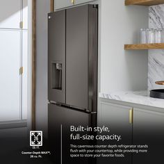 LG Reliability just got better - Get a Free extra year warranty (up to $185 value) with purchase with our ThinQ offer. LG offers the largest counter depth capacity, so you no longer sacrifice storage space for a built-in look. Walk up lighting illuminates the refrigerator as you approach. From cubed and crushed to Craft Ice™ and NEW mini cubed, this LG refrigerator makes 4 types of ice that are perfect for every occasion.. Modern, flat panel design has a smooth, minimalist look with LED-lit pock Fridge Ideas, Modern Refrigerator, Counter Depth Fridge, Evergreen Fog, Types Of Ice, Lg Refrigerator, Smart Refrigerator, Clear Bins, Counter Depth Refrigerator