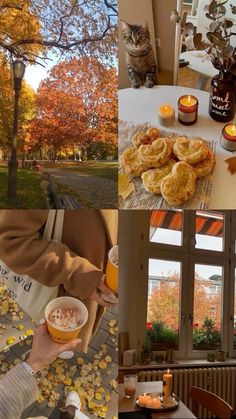 a collage of photos with food and candles on the table in front of trees