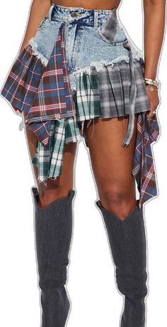 Denim Patchwork, Plaid Skirt, Plaid Shorts, Plaid Skirts, Denim Mini Skirt, Fashion Nova, Mini Skirts, Plaid, Skirt