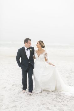 a bride and groom standing on the beach