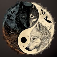 two wolfs are sitting next to each other in front of a yin yang sign