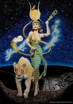 a painting of a woman holding a snake in her hand next to a lion on the ground