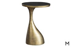 the side table has a black top and gold metal base, with a small round wooden shelf below it