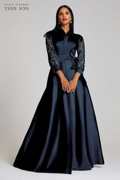 Teri Jon :: Taffeta Shirt Dress Gown With Eyelet Sleeve and Collar Blue Taffeta Wedding Dress, Satin Long Sleeve Dresses For Mother Of The Bride, Blue Taffeta Floor-length Dresses, Floor-length Blue Taffeta Dresses, Formal Long Sleeve Taffeta Dress, Blue Floor-length Taffeta Dresses, Blue Taffeta Gown For Formal Occasions, Formal Blue Taffeta Gown, Elegant Formal Taffeta Maxi Dress